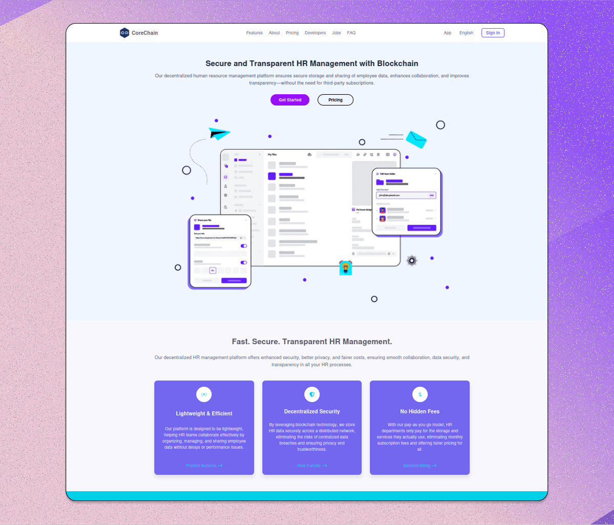 CoreChain HR management system interface for employee records, attendance, payroll, and internal operations
