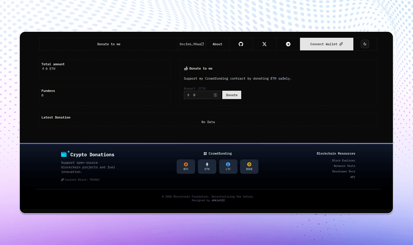 Web3 donation for receiving crypto donations through a connected wallet