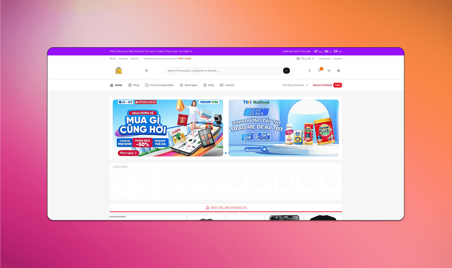 FastE SaaS e-commerce platform dashboard with product listings, storefront management, and promotional sections